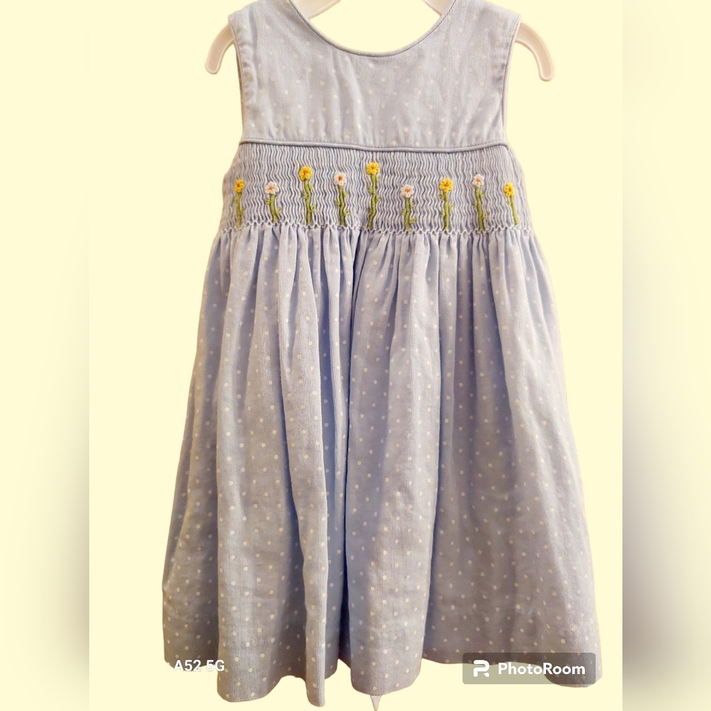 EUC Laura Ashley Blue White Cotton Dress Smocking  Embroidery Bloomers Sz 18mo